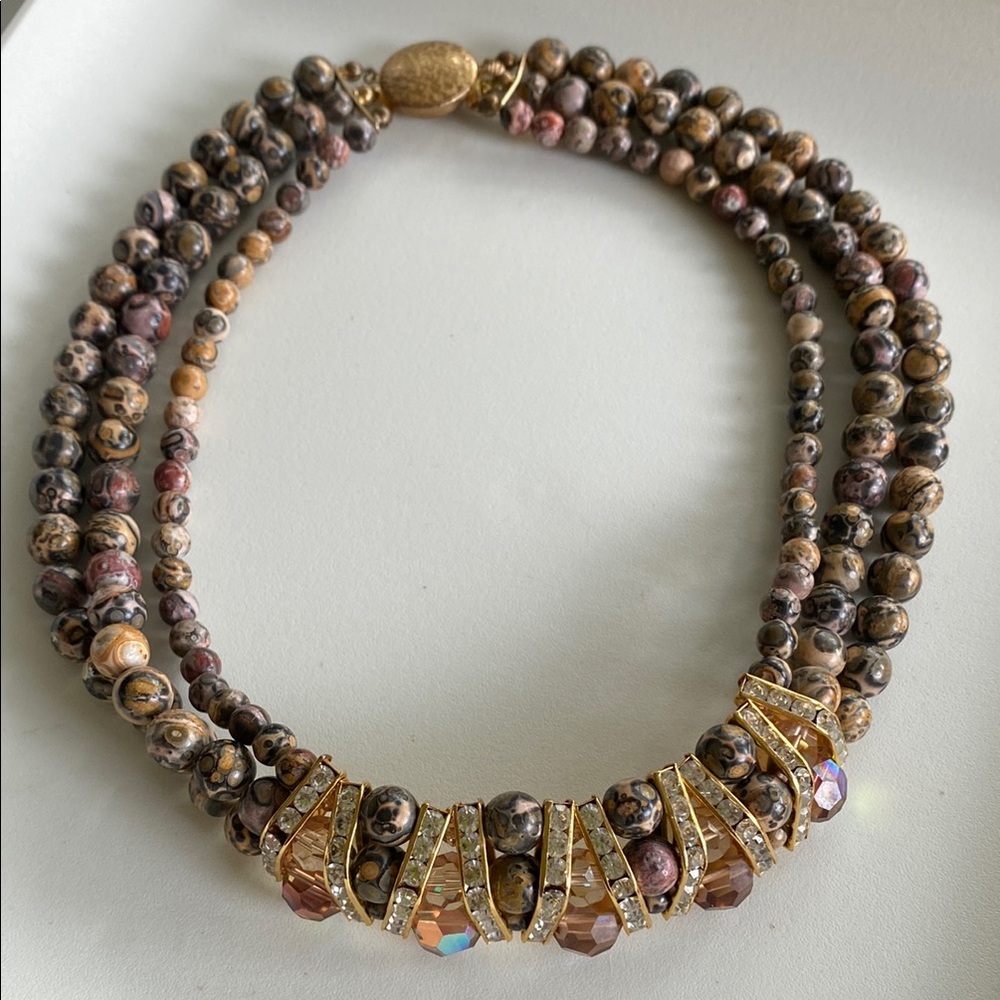 VTG 3 strand leopardskin Jasper beads with rhinestones and gold tone facets.